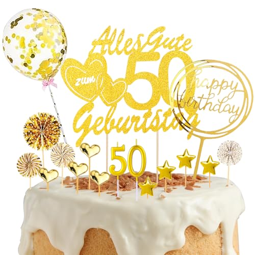 DazzJoy Tortendeko 50 Geburtstag Frau Mann,19 Stück Happy 50th Birthday Cake Topper 50,Glitzer Kuchendeko 50 Geburtstag mit Kerzen 50,Glod Kuchen Topper 50 Jahre Männer Frauen mit Stern Papierfächer von Dazzjoy