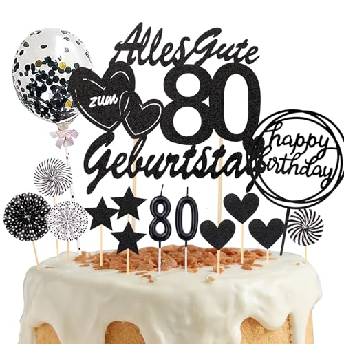 DazzJoy 80 Geburtstag Tortendeko Schwarz,19 Stück Cake Topper 80 Geburtstag Deko,Torten Deko 80 Geburtstag Mann Frau,Glitzer Kuchendeko 80. Geburtstag mit Geburtstagskerzen,Happy 80th Birthday Topper von Dazzjoy