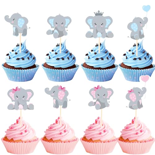 DazzJoy 48 Stück Elefant Tortendeko Babyparty Junge Mädchen,Cupcake Topper Baby,Elefant Cake Topper Taufe,Kuchendeko Baby Shower Blue Rosa,Gender Reveal Tortendeko,Muffin Deko Babyparty für Geburtstag von Dazzjoy