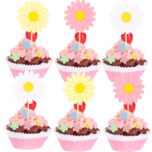 DazzJoy Gänseblümchen Tortendeko,24 Stück Blumen Tortendeko Geburtstag,Gänseblümchen Cupcake Toppers 3 Farben,Gänseblümchen Deko Torte,Blumen Kuchendeko,Blumen Muffins Deko Hochzeit Babyparty Taufe von Dazzjoy