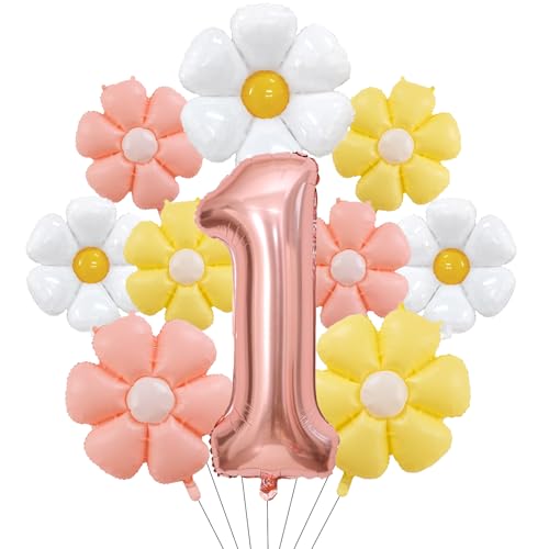 Geburtstagsdeko 1 Jahr Mädchen mit Gänseblümchen Folienballon, Deko 1. Geburtstag Mädchen Junge, Rosegold Luftballon 1. Geburtstag Deko Set mit Zahl 1 Ballon, Erster Geburtstag Mädchen Deko Geschenk von Dazzjoy