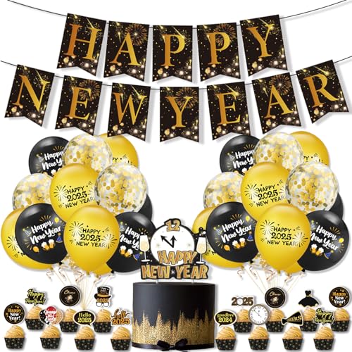 Silvester Deko 2025 Luftballon Schwarz Gold,35 Stk Happy New Year Deko Ballons Set,Silvester Dekoration,Neujahr Deko mit Happy New Year Girlande und Silvester Tortendeko,Silvester Party Deko Zubehör von Dazzjoy