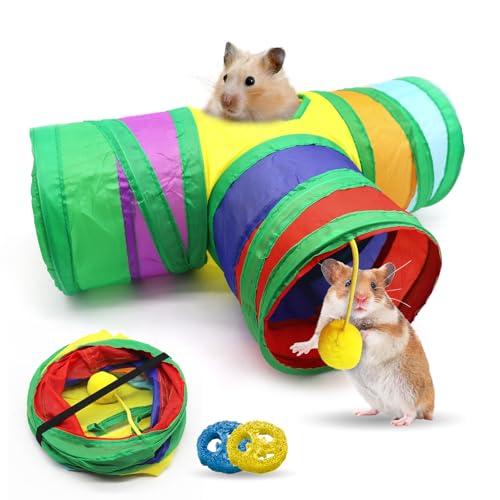 3-Wege-Meerschweinchentunnel mit 2 Luffa-Blättern, zusammenklappbar, waschbar, für kleine Haustiere, Aktivitätstunnel, Versteckspielzeug, Hamster-Tunnel und Röhren-Set für Meerschweinchen, Frettchen, von Dazzroi