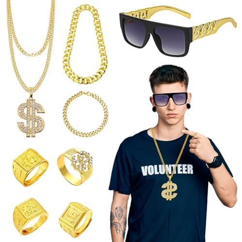 8-teiliges Hip-Hop-Kostüm-Zubehör-Set, 80er-/90er-Jahre-Rapper-Kostüm-Set mit Dollarzeichen, Ring, Halskette, Armband, Brille für Männer und Frauen, Disco-Mottoparty, Verkleidungsparty von Dazzroi