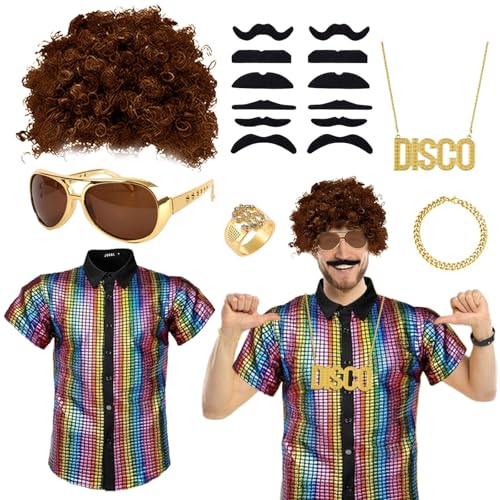 Dazzroi 7-teiliges Disco-Kostüm-Set für Herren, 70er-Jahre Disco-Kostüm, mit glänzendem Regenbogen-Kurzarm-Shirt, Afro-Hippie-Perücke, Halskette, Armband, Ring, gefälschter Schnurrbart, Sonnenbrille von Dazzroi