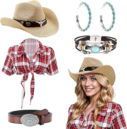 Dazzroi Cowgirl-Outfits für Damen, Western-Hippie-Kostüm-Set mit Cowgirl-Hüten, Ohrringen, Gürtel, Armband, Hemd, 5-teilig (Rot, M) von Dazzroi