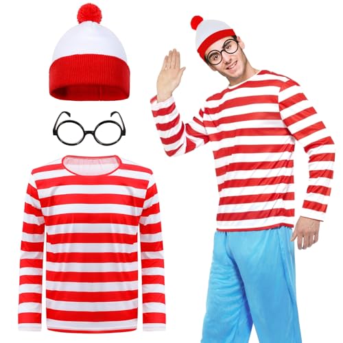 Herren Rot und Weiß Gestreiftes Langarm T-Shirt Schwarze Nerd Brille Beanie Mütze Wally Verkleidung Set für Halloween Weltbuchtag von Dazzroi