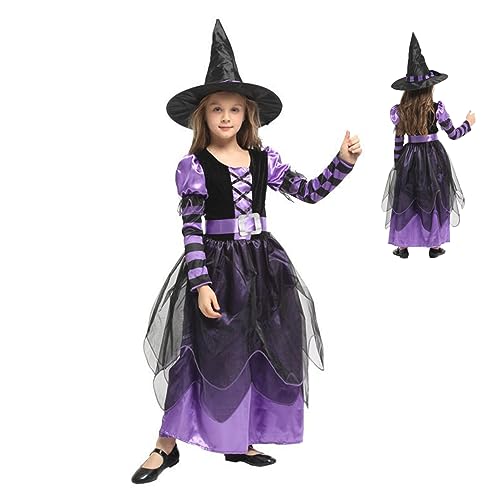 Dbvnnsy Hexenkostüm für Mädchen, Mädchen Hexenkostüm mit Hut und Gürtel Kinder Hexen Halloween Kostüm komfortable Hexenkleider Mädchen für Halloween Kostüm Girls Cosplay Bühne Performance Kostüm L. von Dbvnnsy