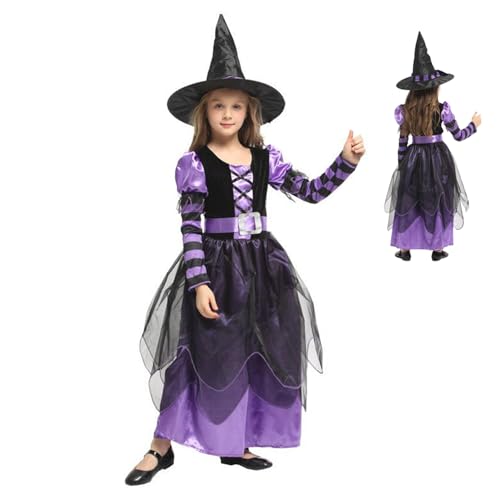 Dbvnnsy Hexenkostüm für Mädchen, Mädchen Hexenkostüm mit Hut und Gürtel Kinder Hexen Halloween Kostüm komfortable Hexenkleider Mädchen für Halloween Kostüm Girls Cosplay Bühnenaufführung Kostüm XXL von Dbvnnsy