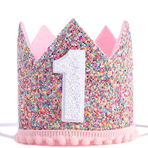 Dbvnnsy Partyhüte für Kinder, 1. Geburtstagskinder Hütze Geburtstagsfeier Hut verstellbare Funkeln Tiara Stirnbänder Babys Geburtstagsfoto -Requisiten Rosa Rosa von Dbvnnsy