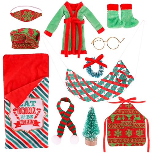 Dbvnnsy Weihnachts -Elf -Kit süße Mini -Elf -Puppenzubehör mit Schlafsack, Bademantel, Hut, Brille, Okular, Schal, Hängematten -Elf -Puppenzubehör für Puppendekorationen von Dbvnnsy