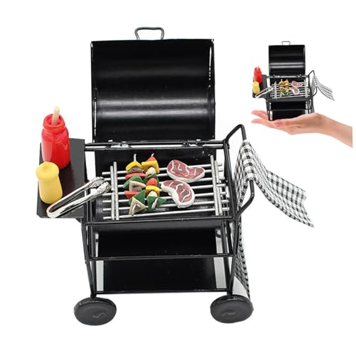 Dbvnnsy Dollhouse Kitchen Möbel 1:12 Miniatur BBQ Grill Set mit Spieß Steak -Gewürzflaschen Handtuch Puppenhaus BBQ CART DUSHAUS ACBOORS FÜR Kid VORTEND Spielen von Dbvnnsy