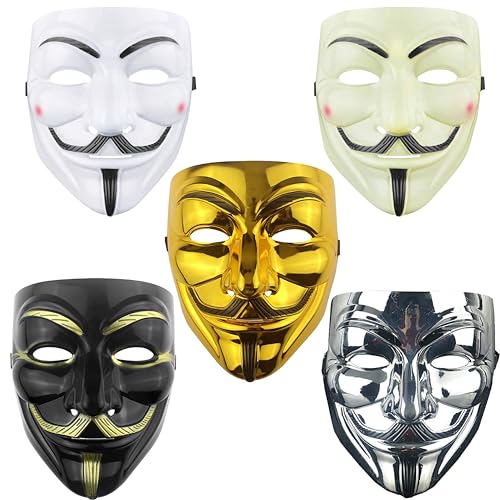 DeHasion V-Maske Vendetta Halloween Maske Kostüm Cosplay Anonymous Masks Hacker Maske (5er-Pack) von DeHasion