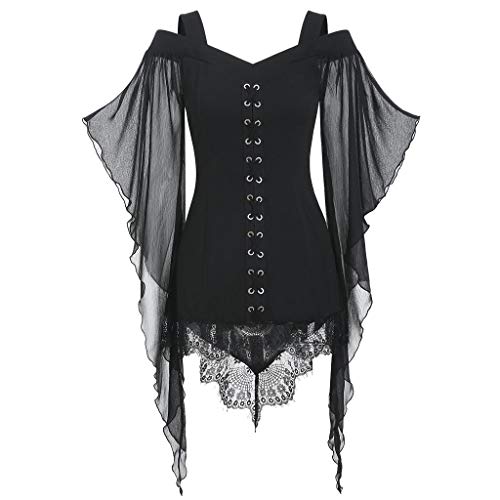 Gothic Oberteile Damen Fledermaus - Punk Kleidung Damen Mittelalter Bluse Halloween Kostüm Criss Vampir Hexe Tops Viktorian Korsett Schulterfreies Blusentops für Frauen Karneval Cosplay Party von DeaAmyGline