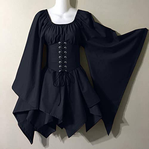 Mittelalter Kleid Damen Traditionelle Irische - Gothic Kleidung Damen Kleider Trompetenärmel Halloween Kostüm Renaissance Viktorian Palast Vintage Korsett Shirtkleid für Frauen Karneval Cosplay von DeaAmyGline