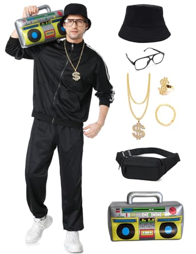 Deaboat Retro 80er 90er Jahre Outfit für Herren 80er 90er Trainingsanzug Kostüm Hip Hop Kostüm Windbreaker Disco Sportbekleidung für Party, Schwarz, Large von Deaboat