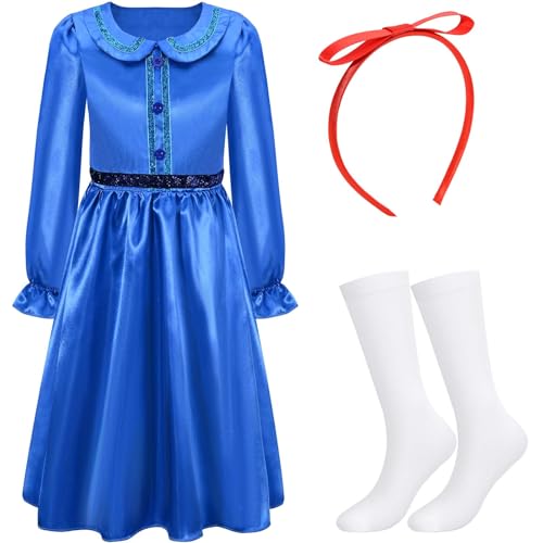 Blaues Satin-Tüll-Kostüm für Mädchen mit blauem Kleid, weißen kniehohen Socken und rotem Schleifen-Haarband für Weltbuchtags-Woche (10–12 Jahre) von Dearlan