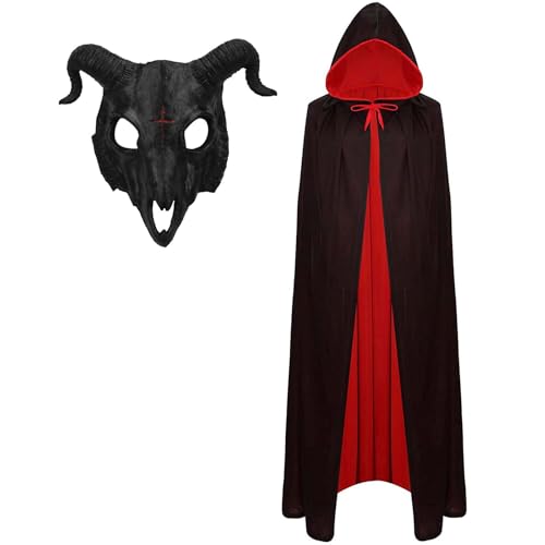 Set mit 2 gruseligen Tiermasken, Schafhorn, Geist, Teufel, Dämonenmaske, roter und schwarzer Umhang für Halloween, Kostümzubehör von Dearlan