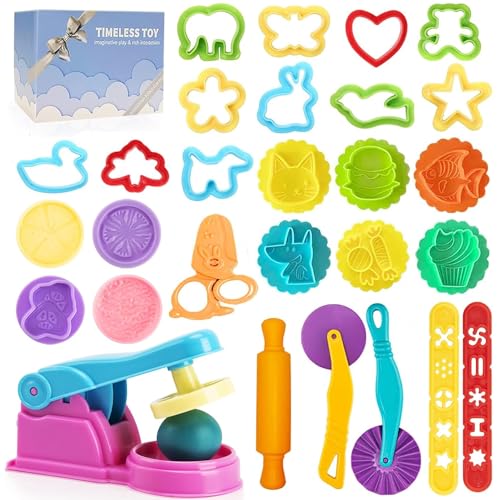 Decebaya Teig-Spielwerkzeuge für Kinder - Teigzubehör-Formen, Briefmarken, Schere, Nudelholz und Aufbewahrungsbox, Partyzubehör-Set für Alter 3–8 Jahre von Decebaya