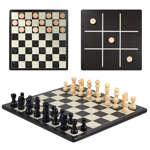 3-in-1 Schach-, Damen- und Tic-Tac-Toe-Set – Holzschach-Set, doppelseitiges 28 cm Spielbrett mit zusätzlichen Königinnen – lustiges Familien-Schachbrett für Erwachsene und Kinder – ideal für alle von Decoded Games