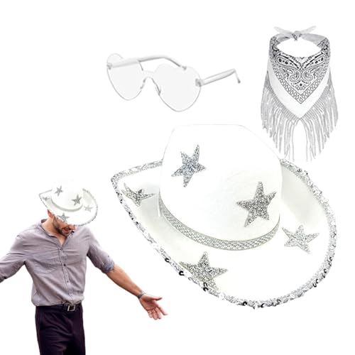 Decorhome Glitzernde Cowboyhüte für Damen, glitzernde Cowgirl-Mütze | 3X Glitzer Cowboyhut Strass Stern - Halloween-Partykostüm, Cosplay-Zubehör-Set für Damen und Herren von Decorhome