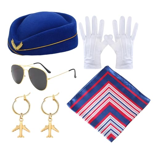 Decorhome Stewardess-Kostüm Für Damen – 5-teiliges Halloween-Cosplay-Stewardess-Kostümset Für Damen | Stewardess-Kostümzubehörset Mit Mütze, Schal, Brille, Handschuhen Und Ohrringen Für Maskeradeparty von Decorhome