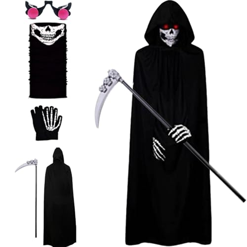 Halloween-Kostümset für Kinder – Halloween-Kostüm Sensenmann, Sensenmann-Kostüm für Kinder und Erwachsene, Reaper-Kostümset mit schwarzem Kapuzenumhang für Halloween-Cosplay-Kostüm-Requisiten, Masquar von Decorhome