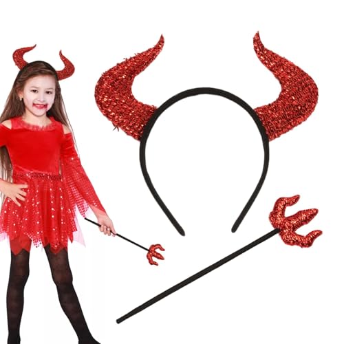 Rote Pailletten-Teufelshörner – Kinder-Teufels-Halloween-Hörner, rotes Teufelshörner-Stirnband und Teufels-Heugabel, glitzerndes, niedliches Haarband, dekorativer Reifen für Karnevalsmotto-Requi von Decorhome