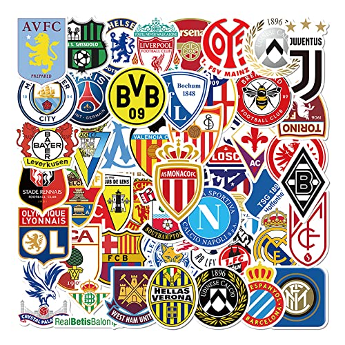 50 Stück Fußball Club Sticker Set,Fußball Team Logo Aufkleber,wasserdichte Vinyl Marken Aufkleber,Fußball World Cup Match Decals für Koffer Snowboards Phone Laptops Fahrräder Autos Gitarren Helm usw von Deen