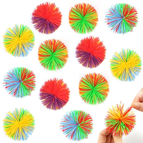 12 Stück Stringy Balls, Wuschelball, Bouncy Stress Balls, Sensory Fidget Stringy Balls, Regenbogen Bunt Pom Ball, Silikon Sensorik Bälle für Familienspiele, Freundesspiele von Deepton