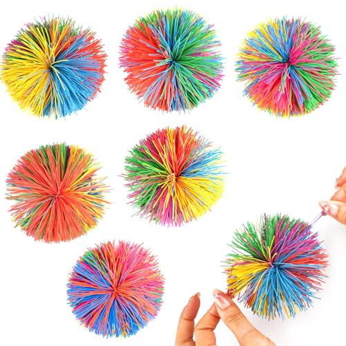 6 Stück Stringy Balls, 9cm Stress Balls, Sensory Fidget Stringy Balls, Mitgebsel Kindergeburtstag, Wuschelball, Regenbogen Bunt Pom Ball, Silikon Sensorik Bälle für Familienspiele, Freundesspiele von Deepton