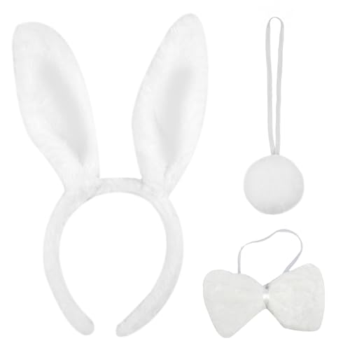 Deepton Hasenohren Haarreif Set, Hasenohren Kostüm mit Hasenschwanz und Fliege, Hasen Kostüm Damen, Plüsch Hasenohren, Weiß Hasen Ohren Haarreif Set für Ostern Cosplay Karneval Party Kinder Erwachsene von Deepton