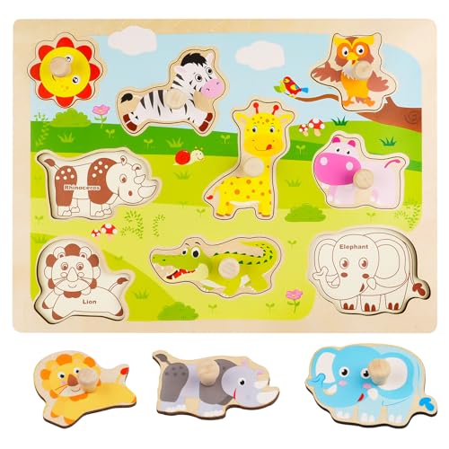 Holzpuzzle 1 Jahr, Kinder Steckpuzzle Holz ab 1 Jahr, Greifpuzzle Holzspielzeug mit Dschungeltieren und Sonne, Kinderpuzzle Lernspielzeug für Baby Junge Mädchen Geschenk von Deepton