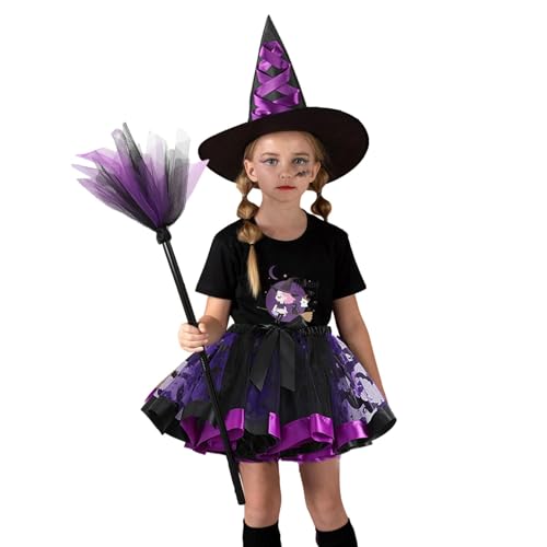 Deewar Halloween-Rock-Cosplay-Set, Halloween-Mädchen-Tutu-Kostüm | Rollenspielkleid-Set mit Hutbesen für den Urlaub,Kinder-Cosplay-Bekleidung für Schulspiele, Geburtstagsfeiern, Halloween-Partys von Deewar