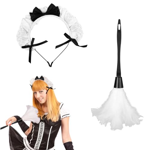 2 Pack French Maid Accessory Set, Maid Stirnband, Retro Lolita Haarreifen, Spitze Stirnband Feder Staubwedel Cosplay Halloween Dekoration für Frauen Mädchen von Defresit