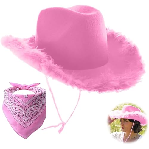 Cowboyhut, Cowgirl-Hut mit Bandana, Filz Flauschiger Federbesatz Cowgirl-Hut, Cowboyhut Zubehör für Urlaub, Kostümparty, Play Dress Up, Halloween Cosplay, Junggesellinnenabschied, Rosa von Defresit