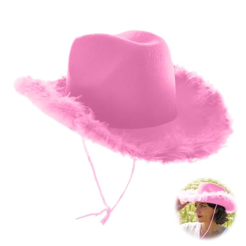 Cowboyhut, Cowgirl-Hut mit flauschiger Feder, Krempe, Cowboyhut, Zubehör für Urlaub, Kostümparty, Spielverkleiden, Halloween-Cosplay, Junggesellinnenabschied, Rosa von Defresit