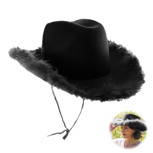 Cowboyhut, Cowgirl-Hut mit flauschiger Feder, Krempe, Cowboyhut, Zubehör für Urlaub, Kostümparty, Spielverkleidung, Halloween-Cosplay, Junggesellinnenabschied, Schwarz von Defresit