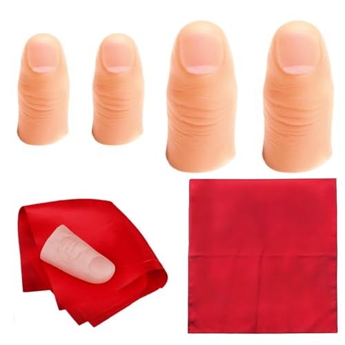 Defresit 4 Stück Zaubertrick Finger, Zauberdaumen Trick, Finger Zauber Tricks, Zauber Zubehör Finger, Zauber Tricks Künstliche Finger und 1 Stück Rot Training Tuch für Zauberartikel Party von Defresit