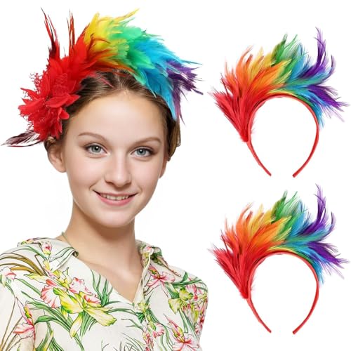 Regenbogen-Feder-Stirnband, niedliche Stirnbänder, Karnevalskostüm, Party-Kopfschmuck, kreatives und praktisches Haar-Accessoire, perfekt für Cosplay, Halloween, Weihnachtsfeier, 2 Stück von Defresit