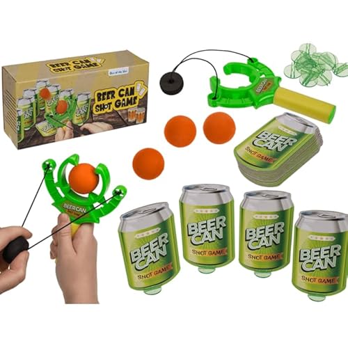 Deggelbam Partygeschenke24 - Trinkspiel, Partyspiel, Bierdosen schießen inkl. 14 Karten in Bierdosenform, 13 Kartenständer, 1 Schleuder, 3 Bälle & 2 Shooter-Gläsern, in Geschenkverpackung von Deggelbam