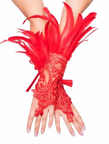 Handschuhe mit Federn und Spitze rot von Deiters