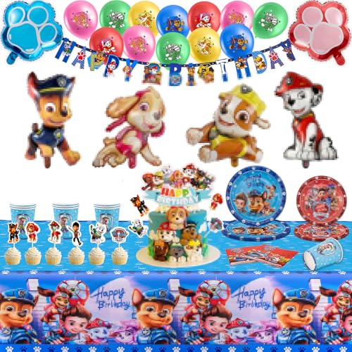 135pcs Partygeschirr Set, Dog Geburtstag Deko Kindergeburtstag Deko Enthält Teller Becher Servietten Tischdecke Cake Topper Luftballons Banner,Party Geschirrset für 10 Personen von Dekewe