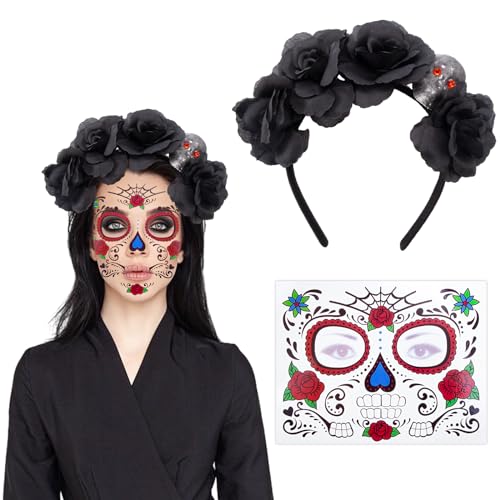 Dekewe 2 Stück Dia De Los Muertos Haarreif Rosen Haarreif mit Halloween Gesicht Tattoo, Herren Damen Day of The Dead Haarschmuck für Karneval Fasching Halloween Mottoparty von Dekewe