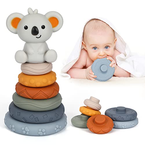 Dekewe 7 Stück Stapelspielzeug mit Ringen, Stapelturm Squeeze Zahnen Babyspielzeug mit Koala Früherziehung Spielzeug Geschenke für 6 12 18 Monate Baby Kleinkind Jungen Mädchen Montessori Spielzeug von Dekewe