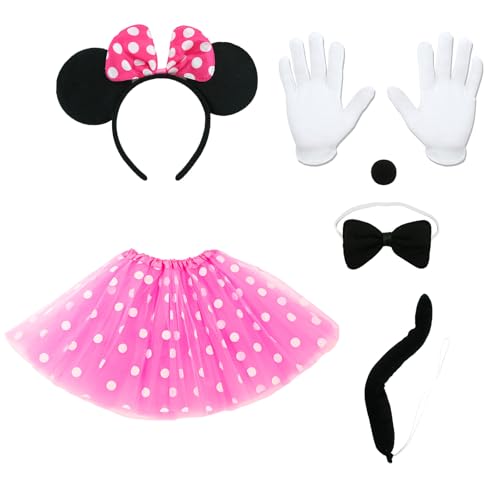 Damen Maus Mouse Kostüm, 6Pcs Faschingskostüme Karneval Kostüm, Rot/Rosa Tutu mit weiß Gepunktet, Haarreifen mit Maus Ohren, Handschuhe, Nase, Schwanz, Karnevalskostüme für Karneval Cosplay Party von Dekewe