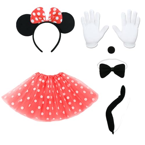 Damen Mouse Kostüm, Faschingskostüme Karneval Kostüm, Rot/Rosa Tutu mit weiß Gepunktet, Haarreifen mit Maus Ohren, Handschuhe, Nase, Schwanz, Karnevalskostüme für Karneval Cosplay Fasching Party von Dekewe