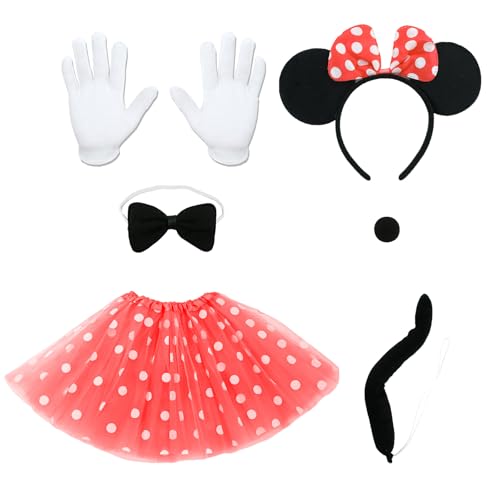 Damen Maus Mouse Kostüm, 6Pcs Faschingskostüme Karneval Kostüm, Rot/Rosa Tutu mit weiß Gepunktet, Haarreifen mit Maus Ohren, Handschuhe, Nase, Schwanz, Karnevalskostüme für Karneval Cosplay Party von Dekewe