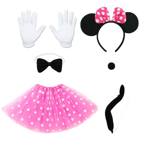 Damen Mouse Kostüm, Faschingskostüme Karneval Kostüm, Rot/Rosa Tutu mit weiß Gepunktet, Haarreifen mit Maus Ohren, Handschuhe, Nase, Schwanz, Karnevalskostüme für Karneval Cosplay Fasching Party von Dekewe