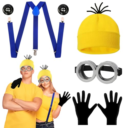 Dekewe 5PCS Erwachsene Kinder Gelbes Kostümzubehör Set, Includes Brille Mütze Handschuhe Knöpfe Hosenträger, Faschingskostüm, Halloween Karneval Party Kostüme für Männer, Frauen und Kinder von Dekewe